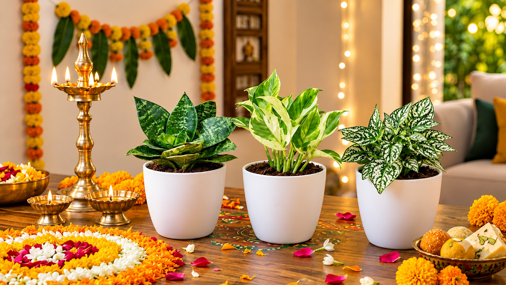 Green Harmony Set of 3 indoor plants in white pots